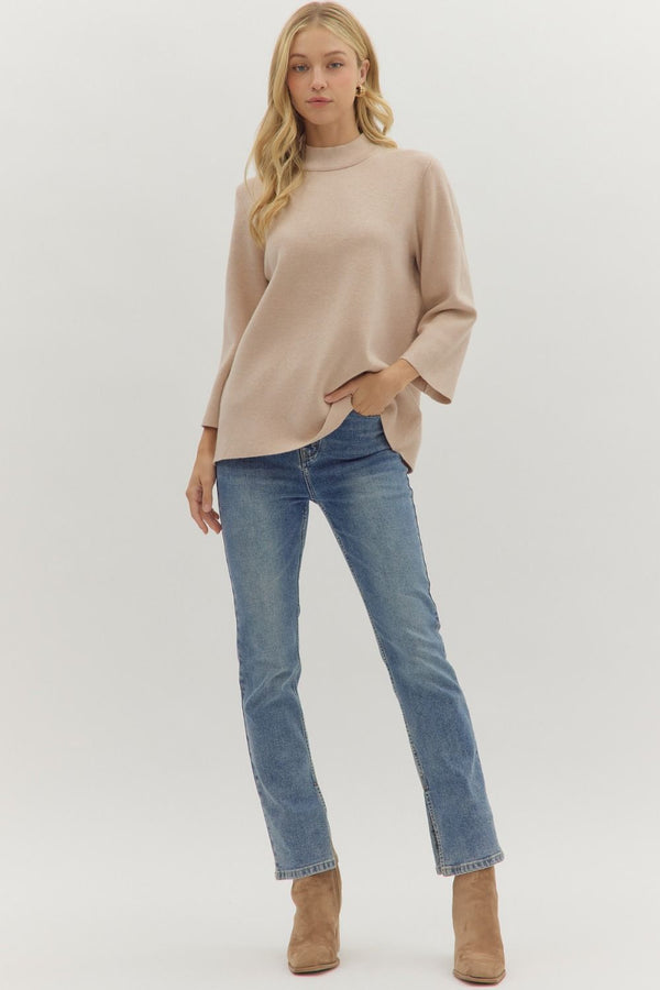 Oatmeal Solid mock neck 3/4 sleeve top