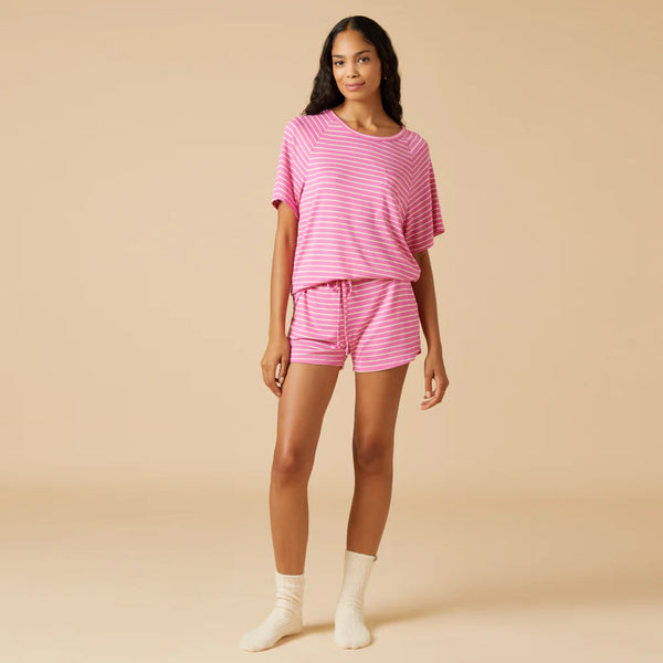 Dream Slouchy Tee Top with Shorts Lounge Set - Fuchsia Stripe