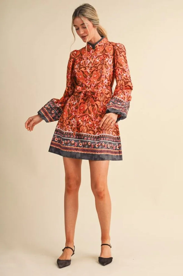 Mandarin Salmon Floral Border Print Belted Mini Dress