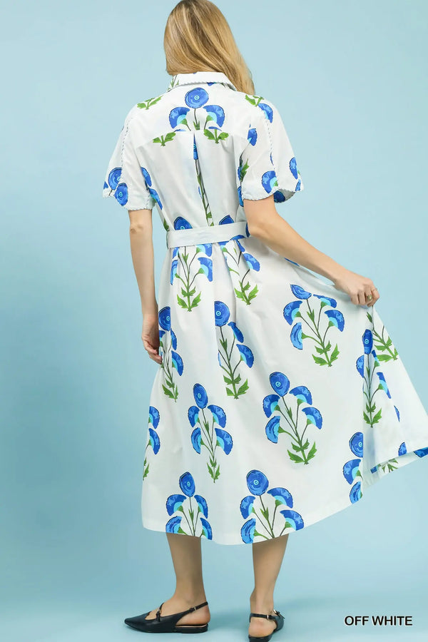 Off White Floral Belted Midi Dress