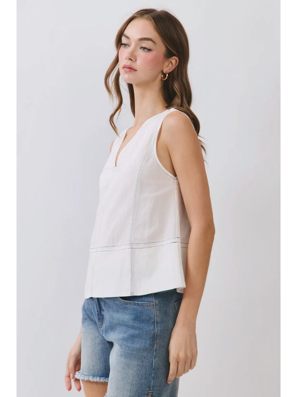 White Contrast Stitch Sleeveless V-Neck Top