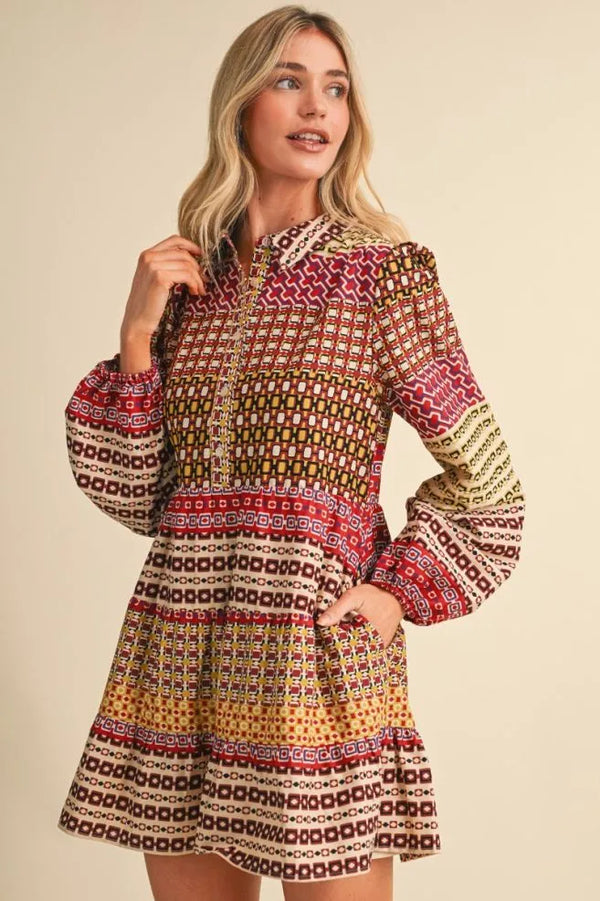 Purple & Olive Border Print Button Down Mini Dress