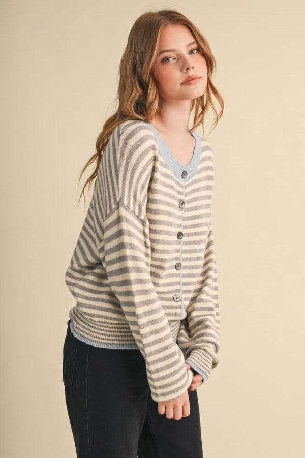 Striped Sweater Cardigan in Slate Grey