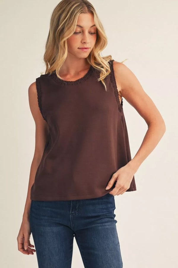 Brown Smocking Edge Detail Casual Tank Top