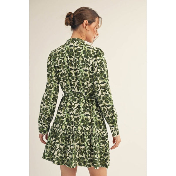 Olive Lace Trim Button Down Floral Dress