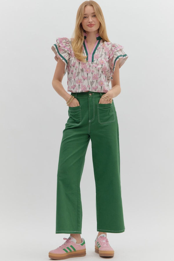 Emerald High-Waist Pants w Exposed Stitch Detail and Patch Pockets