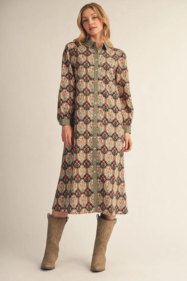 Black Multi Long Sleeves Button Down Floral Midi Dress w Belt