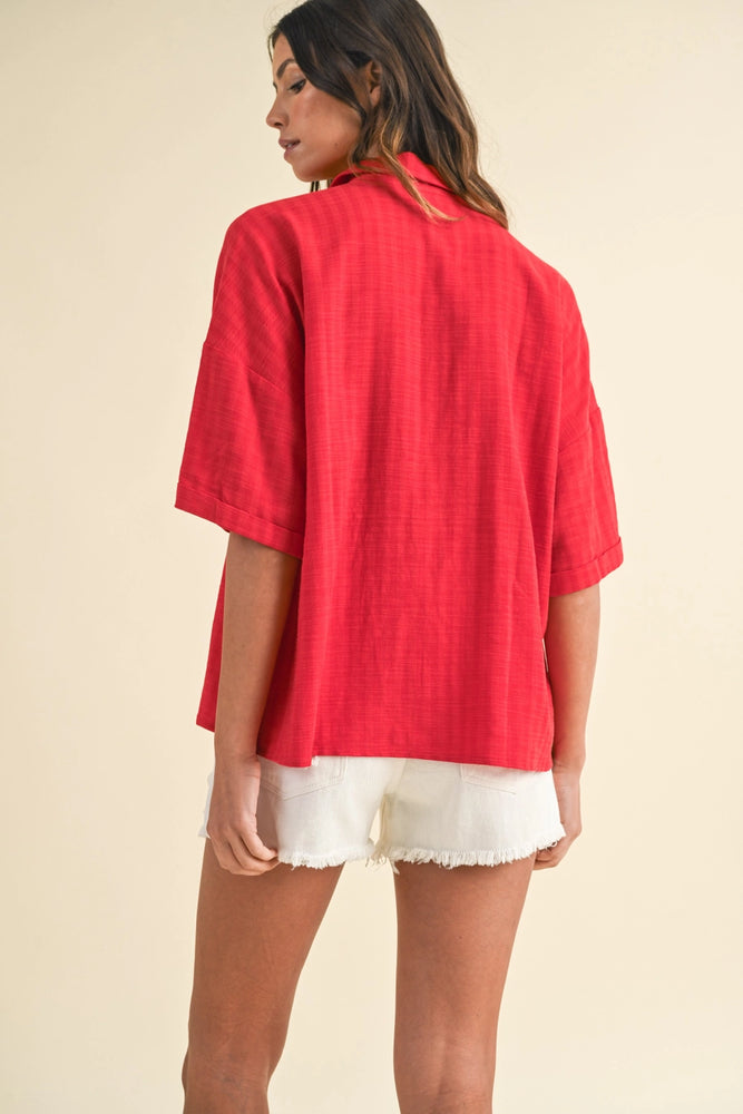 Linen Stripe Texture Oversized Shirt - Red