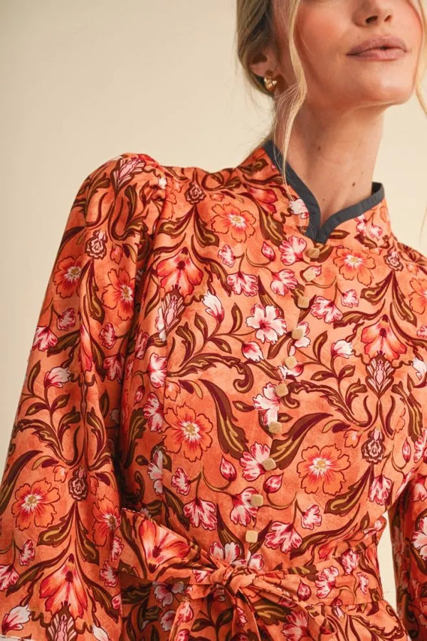 Mandarin Salmon Floral Border Print Belted Mini Dress