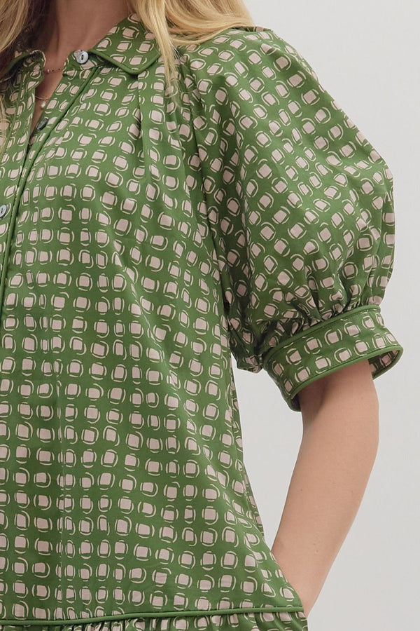 Olive Geometric Print Short Puff Sleeve Mini Dress