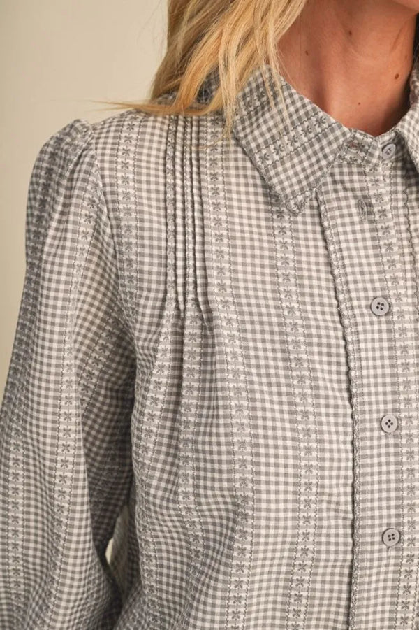 Grey Gingham Embroidered Trim Button Up Top