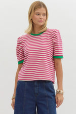 Pink Striped Top w/ Kelly Green Trim