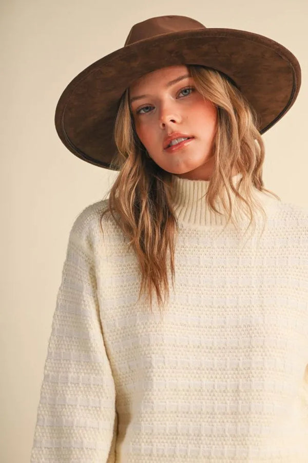 Quilted Ivory Cream Knit Mock Neck Sweater