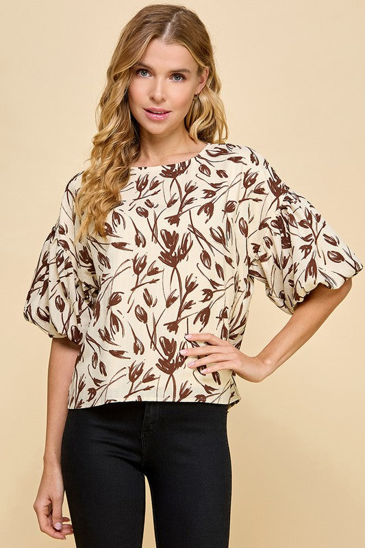 Chocolate Floral Balloon Sleeve Top