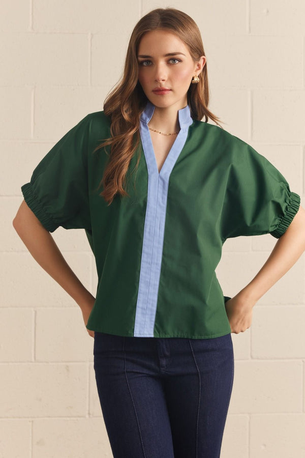 Green Puff Sleeve Top w Contrast Collar and Front Trim