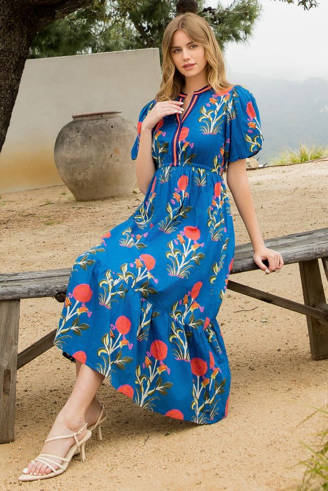 Puff Sleeve Flower Print Maxi Dress