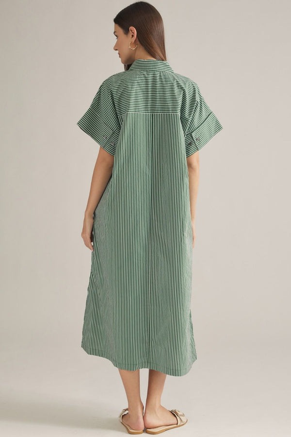 Green Stripe Shirt-Style Midi Dress featuring Side Slits