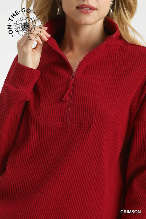 Crimson Ribbed Half-Zip Pullover