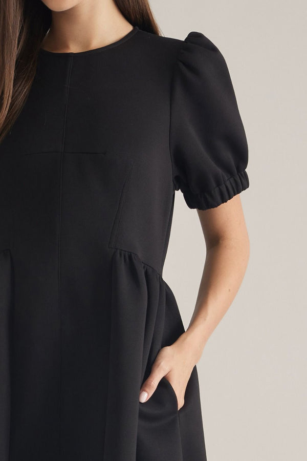 Solid Black Puff Sleeve Mini Dress w Round Neck