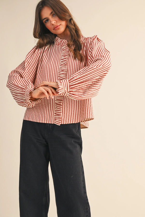 Red Striped Ruffled Button Down Long Sleeve