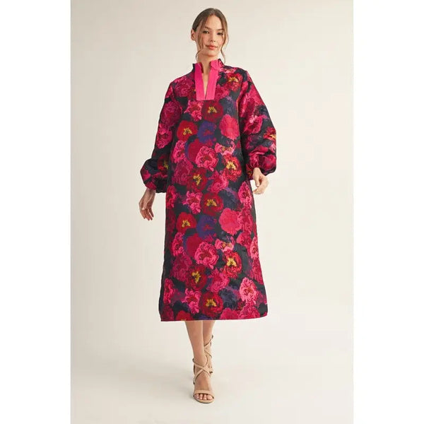 Hot Pink Puff Sleeves Floral Midi Dress