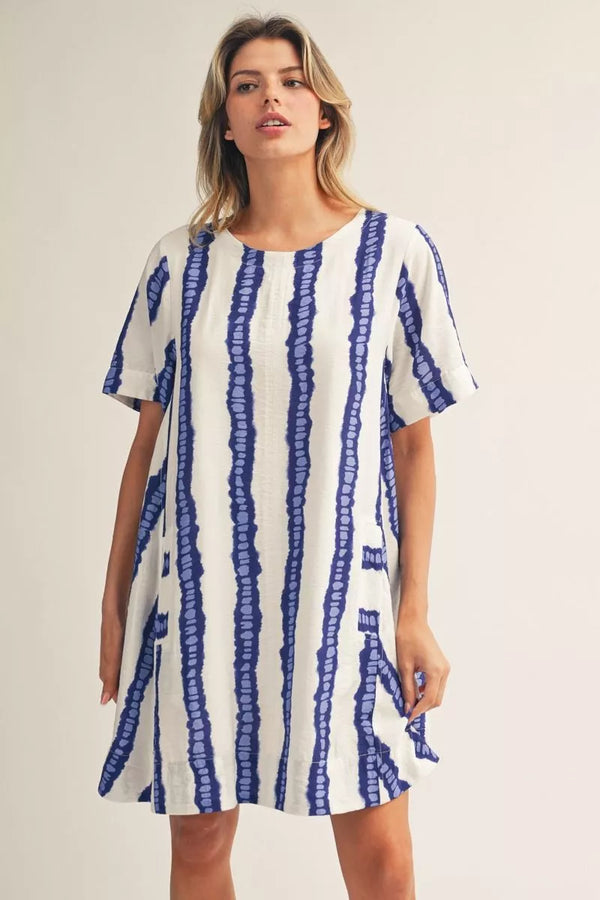 Blue Vertical Tie Dye Print Casual Dress