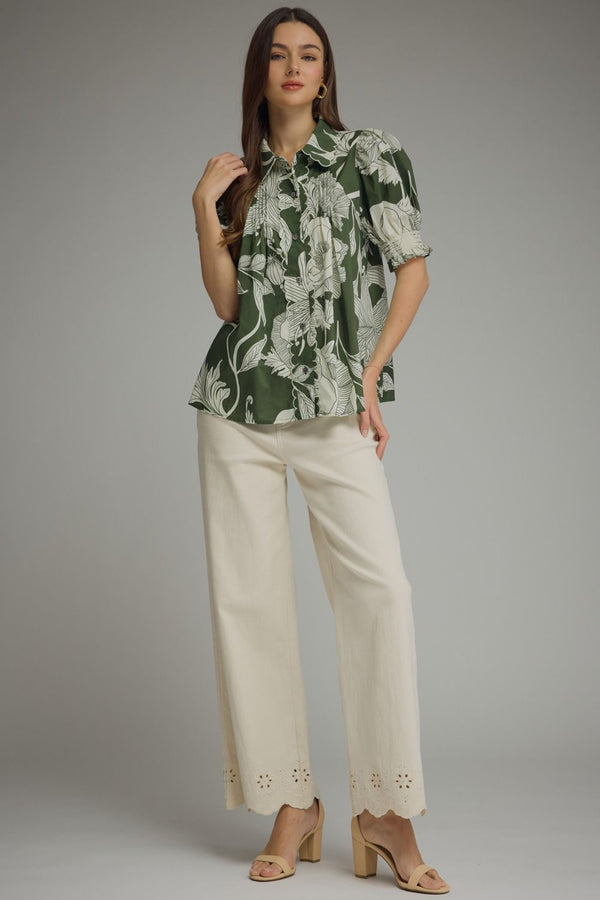 Floral Fern Print Puff Sleeve Top Featuring Scallop Trim
