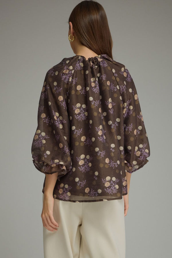 Brown Floral Print Poncho Sleeve Top w Self-Tie Front Detail