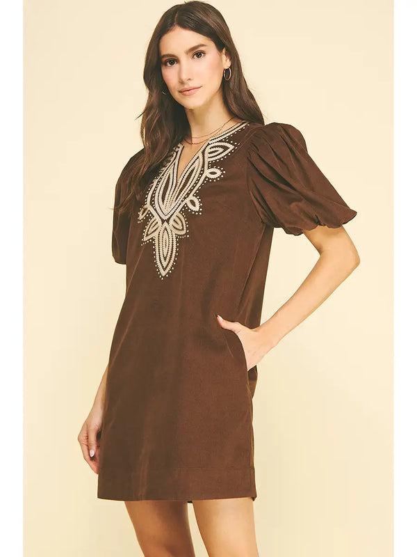 Corduroy Emboidery Detailed Mini Dress | Chocolate
