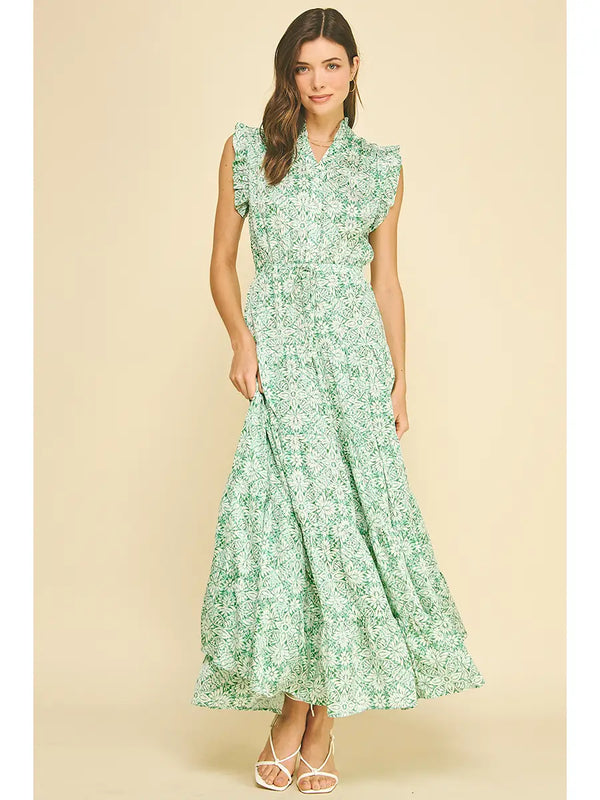 Mint Floral Print Tiered Maxi Dress