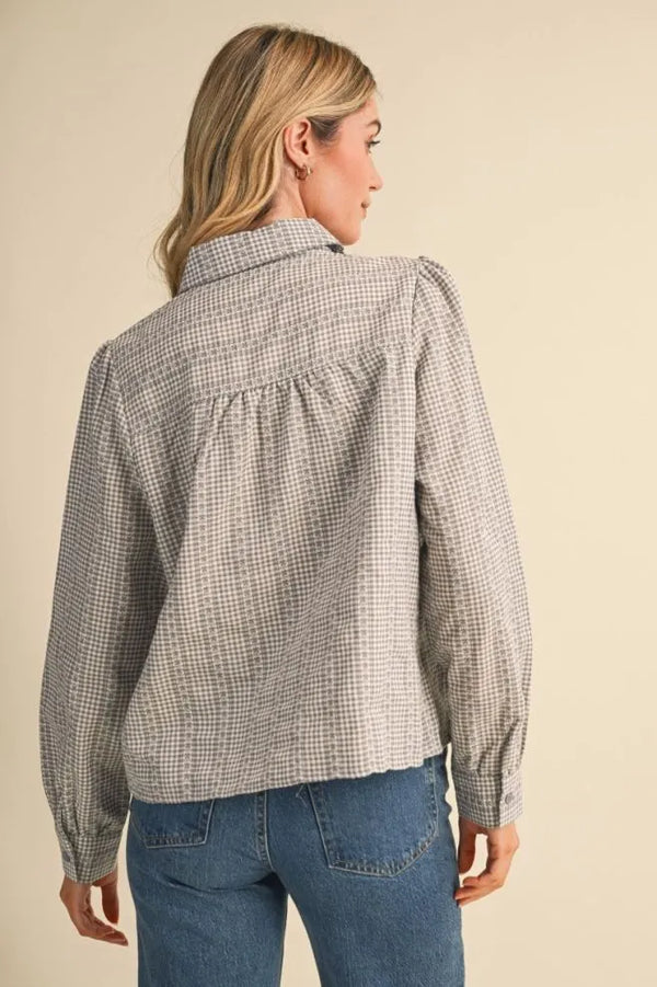 Grey Gingham Embroidered Trim Button Up Top