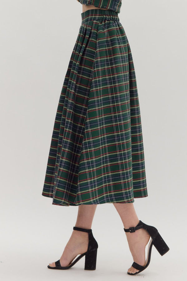 Green Plaid Pattern Pull-On Midi Skirt