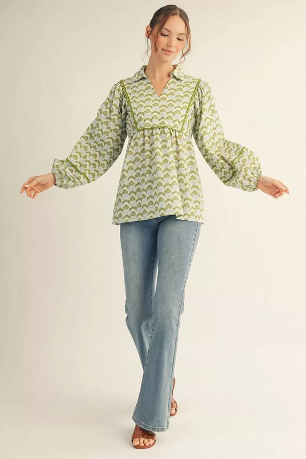 Long Sleeves Avocado Boho Floral Top