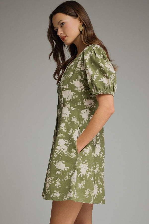 Olive Floral Puff Sleeve Mini Dress