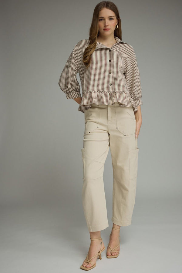 Cocoa Gingham ¾ Puff Sleeve Top