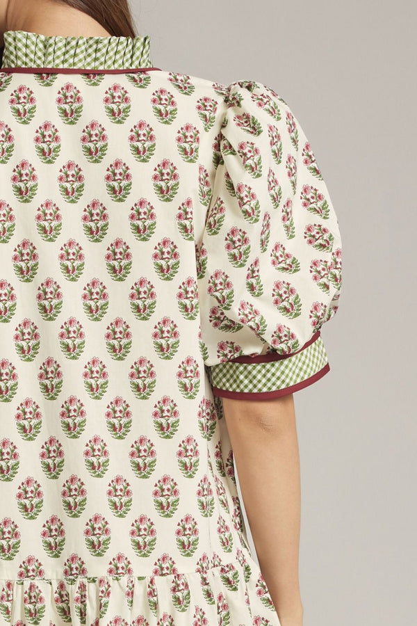 Ecru Print Puff Sleeve Mini Dress w Gingham Trim