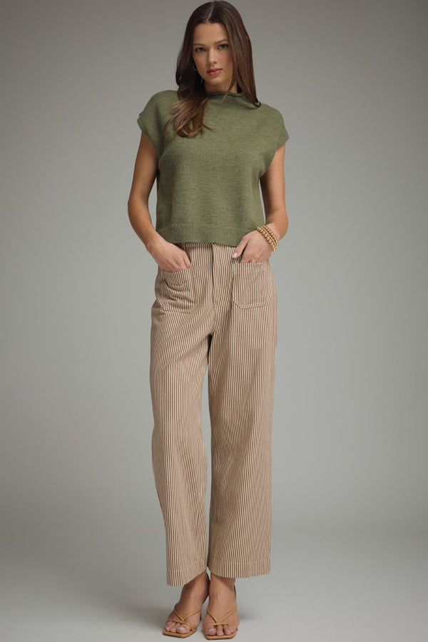 Olive Cap Sleeve Top w Rolled Mock Neck