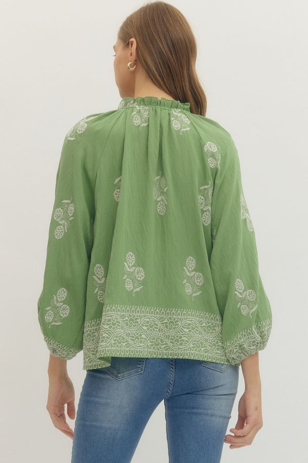 Sage Floral Print Raglan Puff Sleeve w Tie Detail & Ruffled Neck