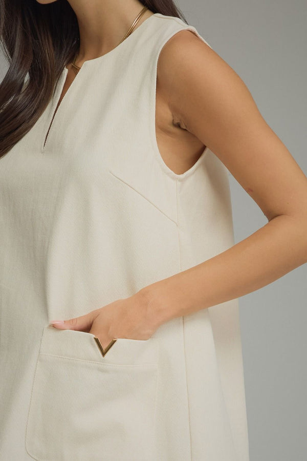 Ecru Mini Dress Featuring Front Pockets With Metal Accent
