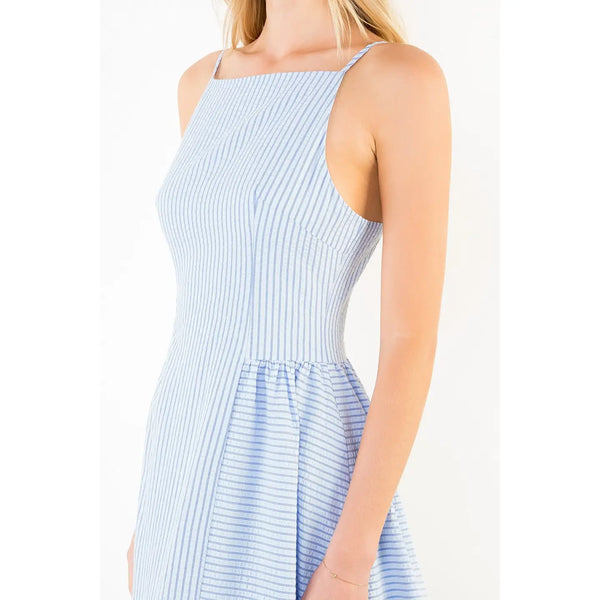 Thin Strap Blue Stripe Midi Dress