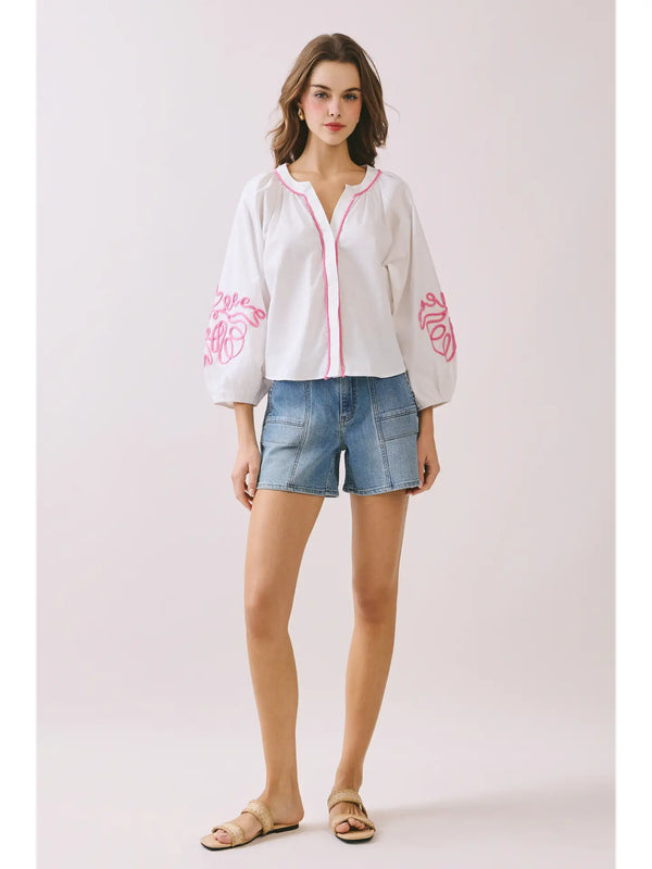 Bold Pink Embroidery Voluminous Puff Sleeves Blouse