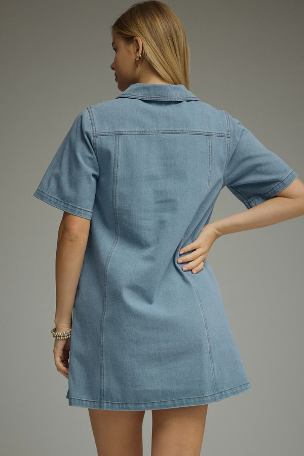 Denim Collared Short Sleeve Mini Dress w Front Zipper