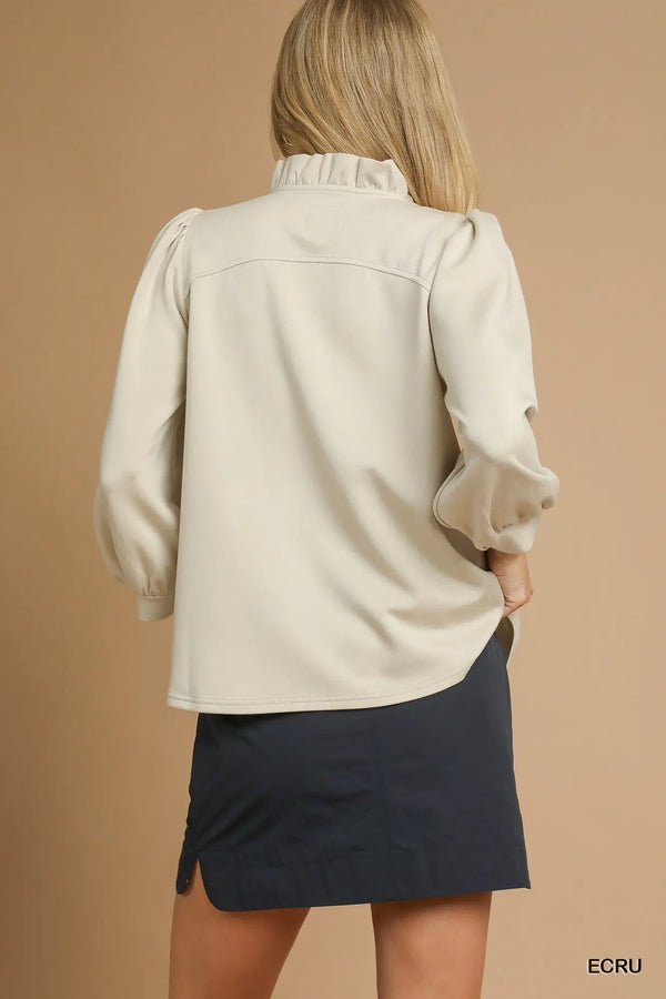Ecru Luxeknit Ruffle Neck Blouse with Puff Sleeves