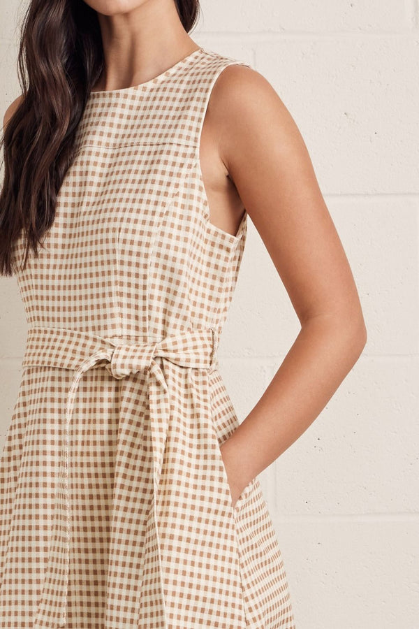 Tan Gingham Midi Dress w Self-Tie Waist Detail