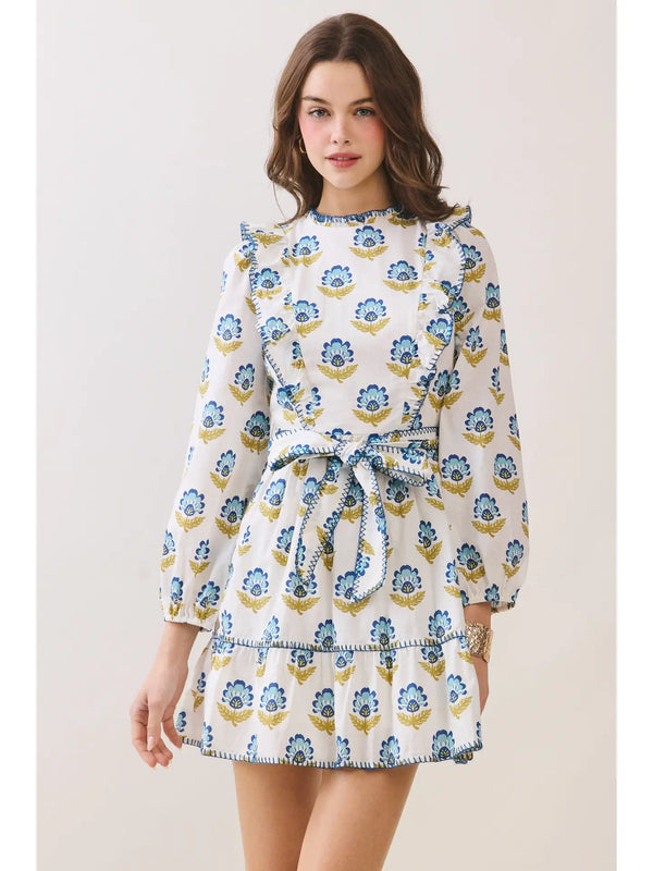 Floral Print Ruffle Accents Self Tie Mini Dress