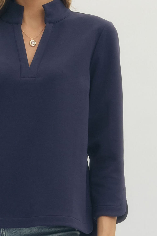 Navy Solid Split Neck 3/4 Sleeve Top