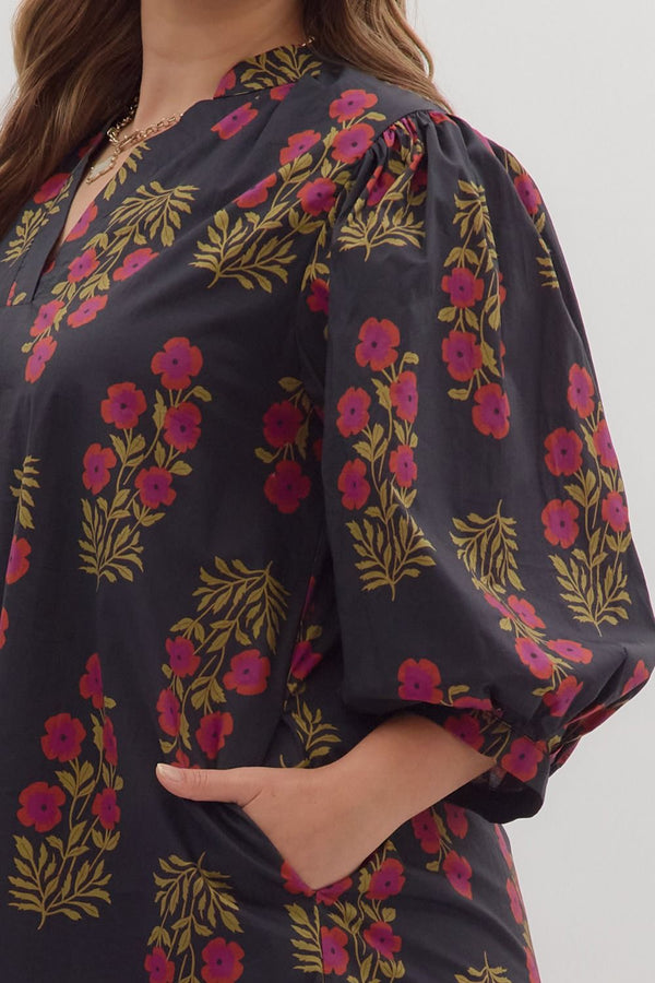 Black Floral Pattern V-neck Band Collar Mini Dress