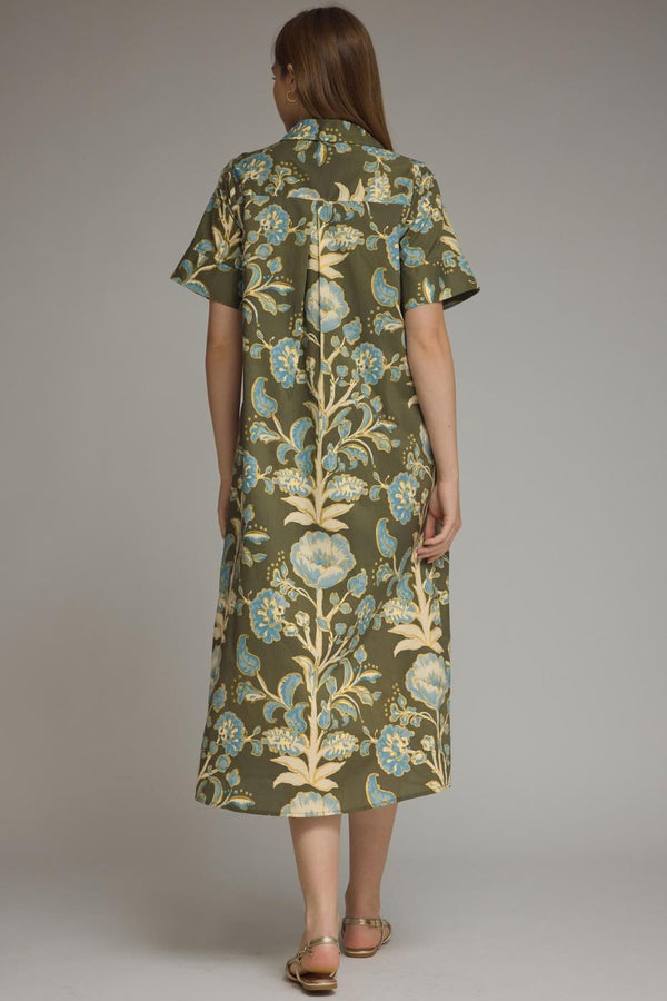 Olive Floral Print Short Sleeve Midi Dress w Contrast Trim Detail