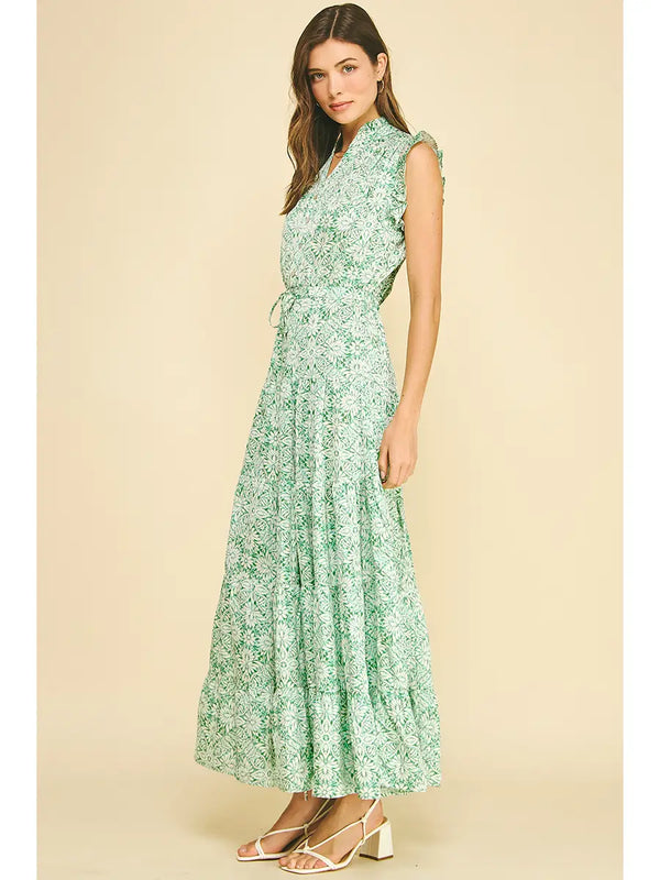 Mint Floral Print Tiered Maxi Dress