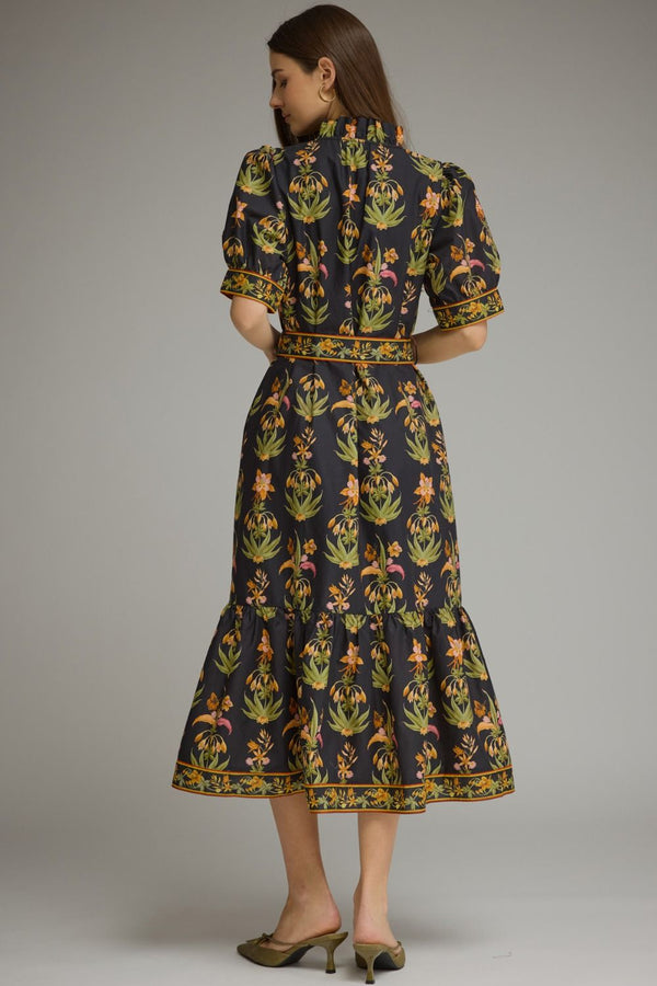 Black Floral Print Short Puff Sleeve Midi Dress